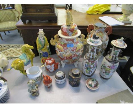 A mixed lot of Oriental ceramics to include a pair of Chinese famille vert crackle glaze vases and covers (one cover a replac