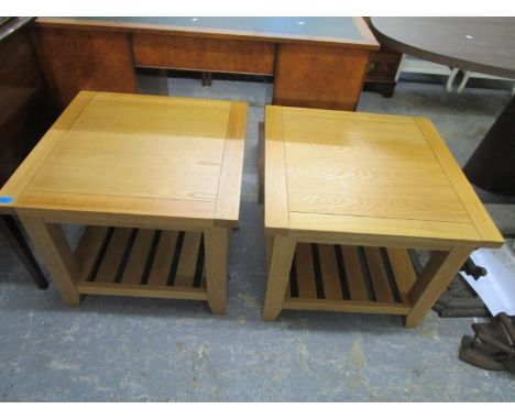 A pair of G-Plan light wood lamp tables with slatted undertier, 19 1/2" x 23 5/8" x 23 5/8" 