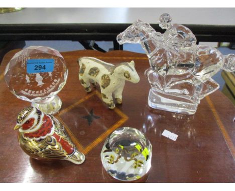 A Crown Derby model of a small bird with gold stopper, together with a pottery model of a sheep and glass paperweight 