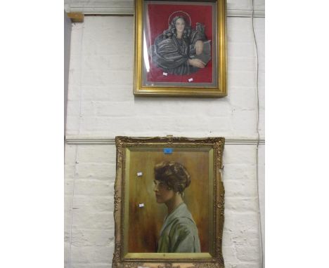 A needlepoint and bead picture of 18th century Queen Charlotte, wife of George III, together with an oil on canvas of a femal