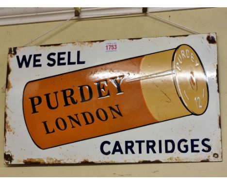 A rare vintage enamel 'Purdey' shotgun cartridge sign,&nbsp;26.5 x 46.5cm.&nbsp; 