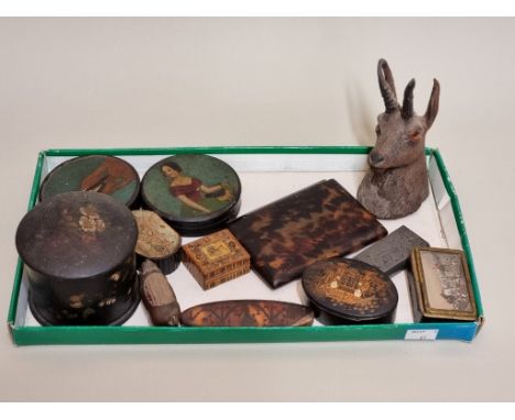 A mixed lot of works of art,&nbsp;to include two stobwasser style snuff boxes; a novelty pig pin cushion; a vesta case, the t