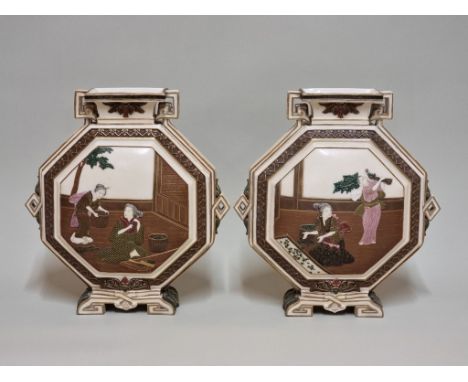A good pair of Royal Worcester Japanesque octagonal vases, by James Hadley,&nbsp;dated 1872, each finely decorated with scene