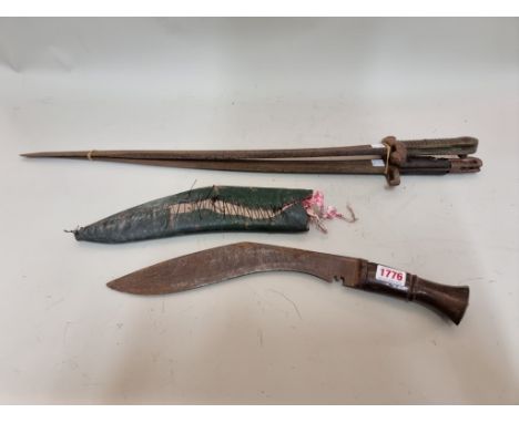 Two French M1866 Yataghan sword bayonets;&nbsp;together with a Kukri in leather covered sheath. (3) 