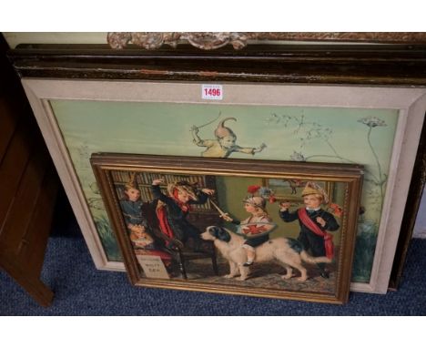 After Margaret Tarrant,&nbsp;colour print of fairies, 43.5 x 54.5cm; together with a pair of nursery style prints; and one ot