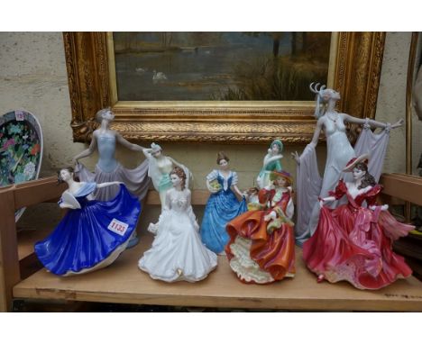 Two Lladro figures,&nbsp;largest 34.5cm high, (s.d); together with five Royal Doulton figures; a Royal Worcester figure; and 