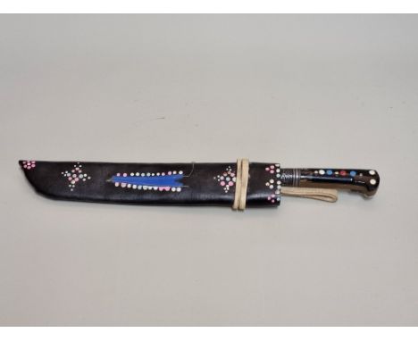 A Russian hunting knife and leather sheath. Provenance:&nbsp;given to Malcolm Douglas Cooper MBE by Mikhail Gorbachev's KGB b