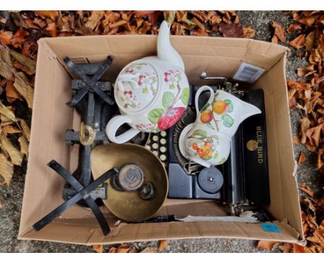 A Blue Bird typewriter;&nbsp;together with a set of weighing scales and three items of ceramics. 