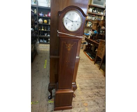 A 1920s mahogany and painted small longcase clock,&nbsp;134.5cm high, with pendulum. 