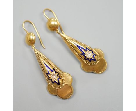 A pair of antique yellow metal, blue enamel and single stone rose cut diamond set drop earrings, overall 46mm, gross weight 7