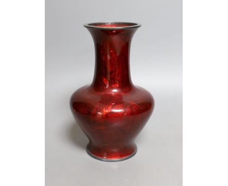 A Japanese red Ginbari enamel vase, by Ando, Taisho period, marked to base - 19cm tall, probably silver rimmed