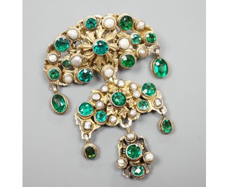 An Austro Hungarian gilt white metal, baroque pearl and green paste set drop pendant brooch, 59mm.