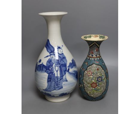 A Chinese blue and white pear-shaped vase and a Japanese ceramic cloisonné vase, tallest 29cm