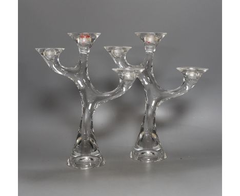 A pair of three branch glass candelabra, signed Marcaurel. 28cm
