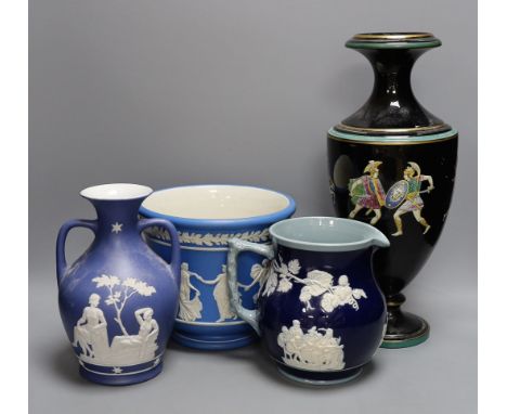 A jasper ware Portland style vase, together with a Jasperware jardiniere and vase, and a Spode jug - tallest 37.5cm (4)