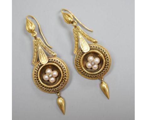 A pair of antique yellow metal, split pearl and diamond chip set drop earrings, overall 54mm, gross weight 5.9 grams.