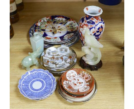 Selection of various Chinese and Japanese ceramics, together with a jade elephant and bowenite figure