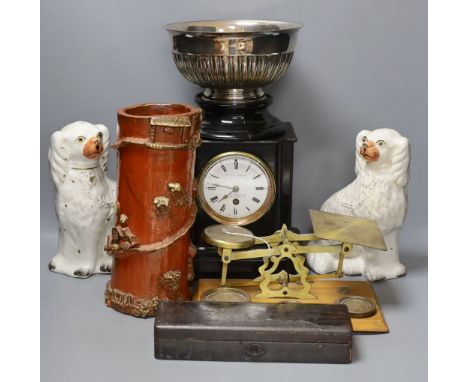 A pair of Staffordshire dogs, together with a pottery brush pot, Howell James mantle clock and other miscellaneous items incl