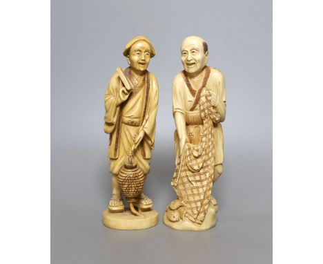 Two Japanese ivory okimono figures of a fisherman and another, marked to base, early 20th century  - tallest 21cm