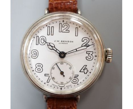 A gentleman's 1920's silver J.W. Benson manual wind wrist watch, with Cyma movement and white Arabi dial with subsidiary seco