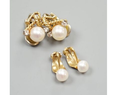 A pair of 20th century yellow metal, diamond and cultured pearl set ear clips, 18mm and a pair of yellow metal and cultured p