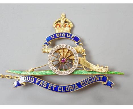 A 20th century yellow metal (stamped 18), enamel and diamond chip set Royal Artillery sweethearts brooch, 43mm, gross weight 