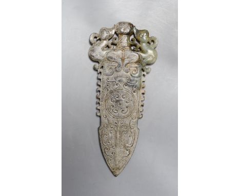 A 20th century Chinese archaistic jade carving, model of an axe head30.5 cms long.