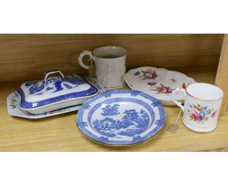 A pair of early 19th century pearlware plates, Leeds pottery tureen and cover, Coalport dessert dish. Spode serving plate and