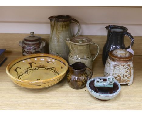 Studio ceramics to include: a Keith Smith jug, a Richard Batterham covered jug, a Winchcombe pottery bowl and jug, a Ray Finc