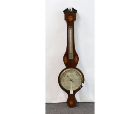 A George III inlaid mahogany wheel barometer and thermometer, the silvered dial marked Smith, Royal Exchange, London, height 