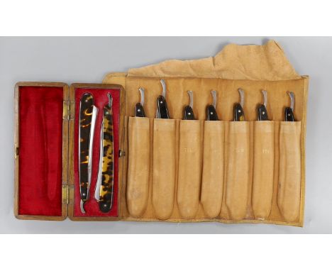 A set of seven tortoiseshell handled cut throat razors for the days of the week Wilkinson and a cased pair of tortoiseshell h