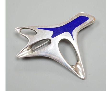 A Henning Koppel for Georg Jensen sterling and blue enamel abstract brooch, no. 323, 60mm (pin a.f.).