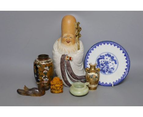 Mixed Chinese and Japanese collectables including a figure of Hotei, satsuma vase, cloisonné vase etc.