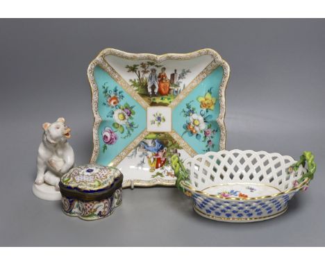 A moden Meissen figure of a bear, 11cm tall, together with a painted porcelain trinket box and two Meissen dishes (4)