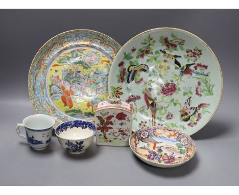 A Chinese celadon ground dish, another dish, Chinese export tea caddy, similar saucer and a blue and white teacup and saucer
