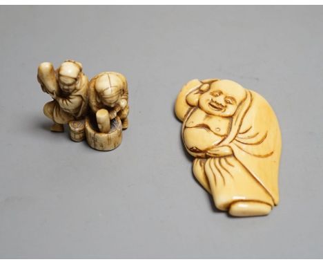 A Japanese Edo period ivory netsuke of Hotei and a Meiji period ivory netsuke of Daikoku and Ebisu, largest 6.5 cms high.