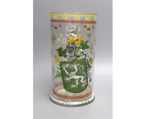 A late 19th century German Historismus glass vessel (humpen) with enamel decoration - 23.5cm tall