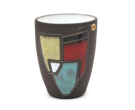 Jaap Ravelli (1916-2011) A polychrome ceramic Colorite vase decorated with stylized beakers, 1950s, signed underneath, with l