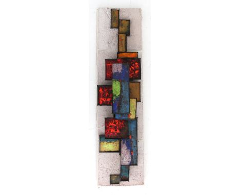 Seventies A rectangular section wall panel with enamelled geometrical shapes in relief, on backpanel with tiles, unsigned, so