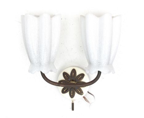 Hillebrand A brass and white glass two-light wall lamp, 1950s/1960s, marked with sticker. 24 x 27 x 10 cm. (hxwxd)