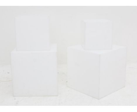 Harco Loor Two cubical white lucite lamps in two sizes, together with two white cubical lucite occasional tables, the lamps m