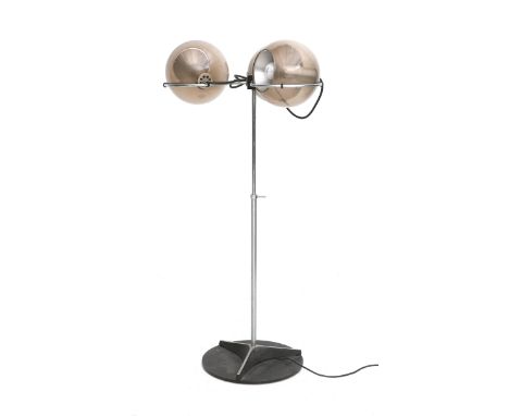 Raak, Amsterdam An adjustable chromium plated three-light floorlamp with three smoke-coloured glass globular shades, adapted 