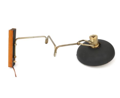 Lakro, Amstelveen A tubular steel and black lacquered aluminium and wooden adjustable wall lamp, 1960s. max. 80 cm. w.