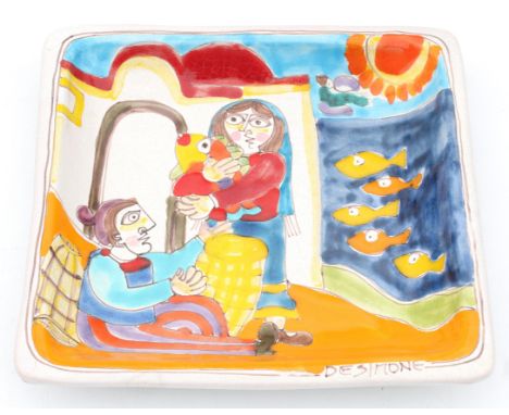 Giovanni De Simone (1930-1991) A square section polychrome glazed ceramic dish decorated with female figures and fishes, 1960