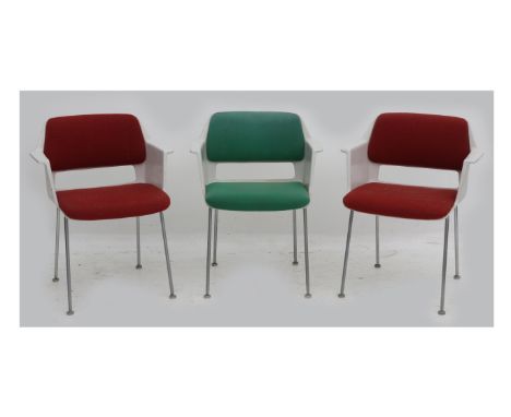 André R. Cordemeyer (1924-1998) Three plastic chairs on chromium plated metal frames, two with red and one with green upholst