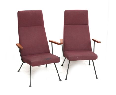 André R. Cordemeyer (1924-1998) Two purple upholstered 1410 easy chairs with wooden armrests, the solid tubular steel frame b
