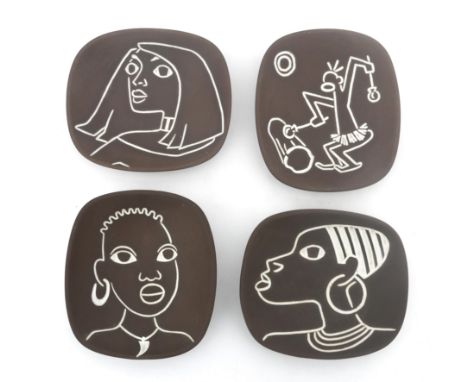 Jaap Ravelli (1916-2011) Four small ceramic wallplates decorated with African people and a lady with long hair, , models 258 