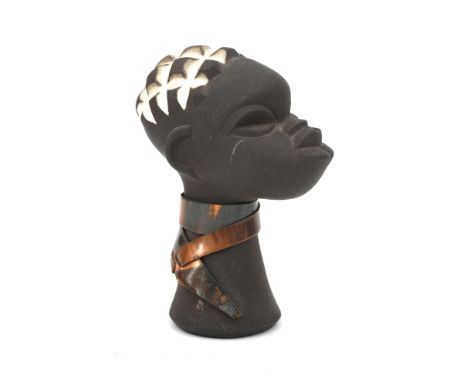 Jaap Ravelli (1916-2011) A ceramic African female head with copper necklace, the hair white glazed, 1950s, signed underneath.