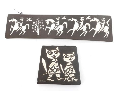 Jaap Ravelli (1916-2011) Two ceramic tiles comprising an elongated one with pattern of horses with jockeys and a smaller one 