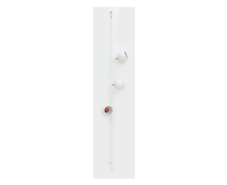 Midcentury Modern A white lacquered metal lamp with three globular shades, the pole to be clamped between floor and ceiling, 